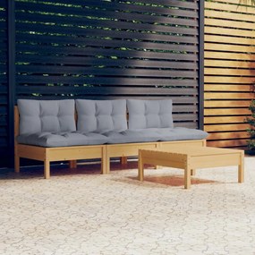 Set divani da giardino 4 pz con cuscini grigi massello di pino