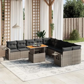 Set divani da giardino 11 pz con cuscini in polyrattan grigio