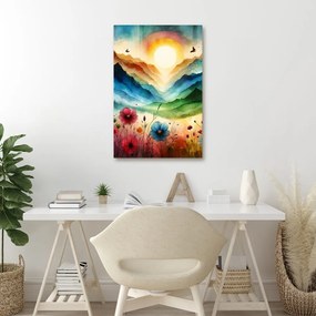 Quadro su tela – Paesaggio fiabesco con fiori e sole
