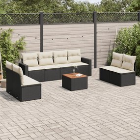 Set divani da giardino 9 pz con cuscini nero in polyrattan