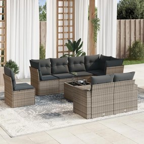 Set Divano da Giardino 9 pz con Cuscini Grigio in Polyrattan