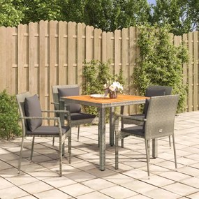 Set da pranzo da giardino 5 pz con cuscini in polyrattan grigio