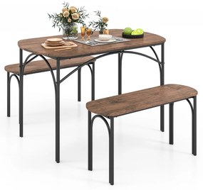 Costway Set da pranzo 3 pezzi per 4 persone, Tavolo rettangolare in legno da 120cm e 2 panche con struttura in metallo Marrone