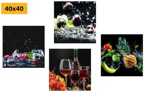 Set di quadri – Vino e pezzi di frutta su sfondo nero