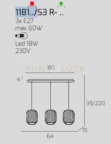 Sospensione ottone sat. 3 luci rettangolare vetri tr + 2x fu 1181os...