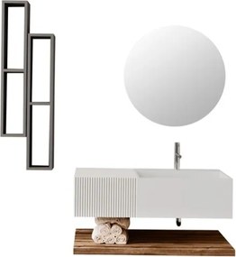 Lavabo 60 cm con cassetto laterale 40 cm bianco specchio e mensola inferiore Rovere - Itaca