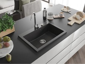 Mexen Elix lavello da cucina in granito 1-vasca 700 x 500 mm, nero maculato, sifone cromato - 6526701005-76