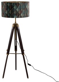 Lampada da terra a treppiede in ottone con paralume in velluto, motivo a foglie e interno oro - Cortin