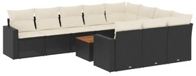 Set divani da giardino 11 pz con cuscini in polyrattan nero