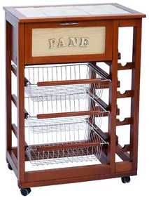 Carrello da cucina portapane e portabottiglie in legno con ruote CILIEGIO