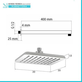 Set Soffione doccia 20 x 20 cm e braccio di 40 cm in finitura cromo anticalcare Hidra