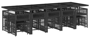 Set da pranzo da giardino 15 pz con cuscini nero in polyrattan