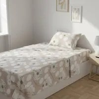 Completo letto 1 piazza e mezza beige fiori bianchi