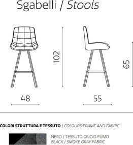Sgabello da cucina in tessuto Grigio Fumo gambe metallo FRIEDIC Set 2 pz
