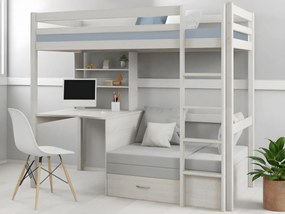 Letto a soppalco Scrivania Divano letto Vani 90x200 cm in Abete massello sbiancato+Materasso - GOLIATH II