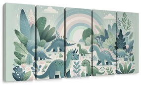 Quadri 5 pezzi – Mondo dei dinosauri con arcobaleno e giungla verde