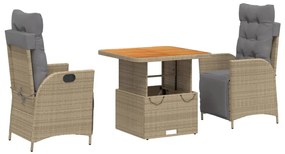Set da pranzo da giardino 3 pz con cuscini beige in polyrattan