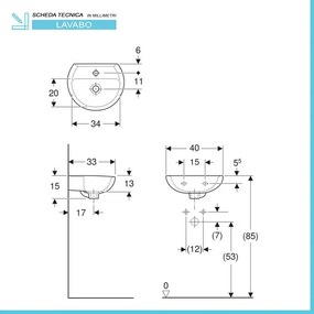 Lavabo sospeso 40 cm Geberit in ceramica lucida Colibrì