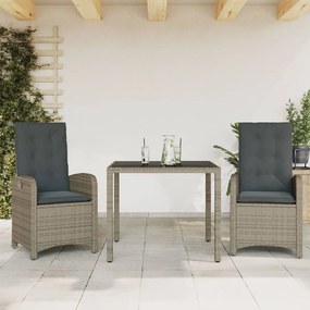 Set da pranzo da giardino 3 pz con cuscini in polyrattan grigio