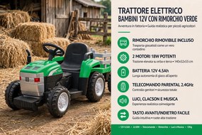 Trattore Elettrico per Bambini 12V con Rimorchio Verde...