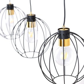 Sospensione Industrial 3 Luci Polluce In Acciaio Nero A Paralumi Gabbia Con Oro