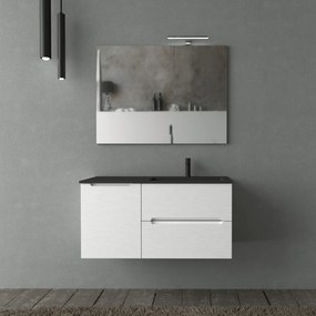 Mobile Bagno Sospeso Cannettato 100 Cm Due Cassetti Un'Anta Lavabo a Dx Specchio Con Lampada Led 70x100 Cm AdattoCasa "Rigo" Bianco Neve/Nero Opaco