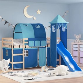 Letto A Soppalco Con Torre Bambini Blu 80x200cm Massello Pino /