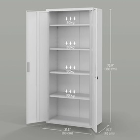 Armadio da Ufficio in Acciaio con 4 Ripiani Regolabili 80x40x180 cm Bianco...