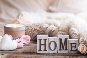 Carta da parati – Natura morta con scritta Home