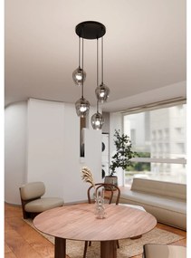 Lampadario 4 Luci Fuxi Base Tonda In Acciaio Nero E Vetri Fumè
