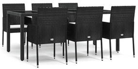 Set da pranzo da giardino 7 pz nero con cuscini in polyrattan