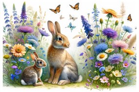 Quadro su tela – Coniglietti su prato fiorito di primavera