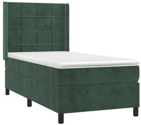 Letto a molle con materasso e led verde scuro 100x200cm velluto