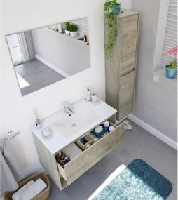 Mobile Bagno Sospeso 80 cm Con Lavabo Specchio Vano Giorno E Cassettone Rovere Alaska VAN