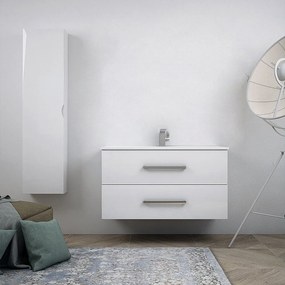 Mobile bagno bianco lucido 100 cm sospeso a due cassetti con colonna da 140 cm