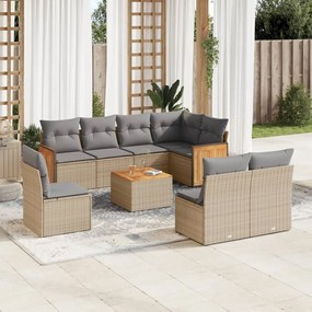 Set Divano da Giardino 9 pz con Cuscini Beige in Polyrattan