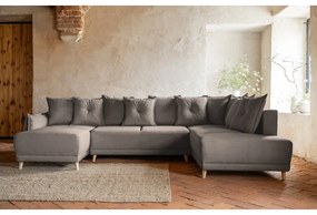 Divano letto angolare in velluto a coste marrone chiaro (angolo destro a forma di U) Lazy Lukka - Miuform