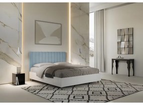 Letto contenitore da 160x200 in legno bianco e testata in microfibra azzurro Kaia
