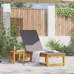 Lettino prendisole  con tavolo e cuscino in legno massello di acacia, lettino prendisole  con cuscini grigio chiaro in legno massello di acacia, tavolo laterale da giardino  35x35x34 cm in legno massello di acacia