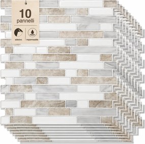 Set 10 Pannelli Adesivi Piastrelle da Parete 30,5 cm Decoro Mosaico Mattoncini in PVC Beige...