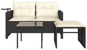 Set divani da giardino 3 pz con cuscini in polyrattan nero