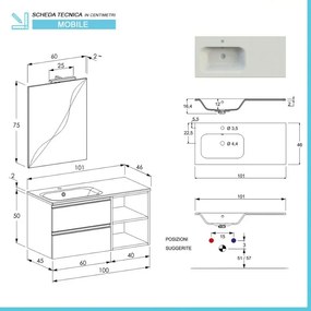 Mobile bagno sospeso 100 cm Master grigio con lavabo e specchio