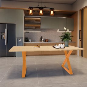 Tavolo da pranzo fisso in legno massello di abete grezzo 240X90X4 cm, 2 gambe Cross arancio