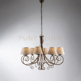 Lampadario in ferro laccato marrone con decorazione oro antico e pa...