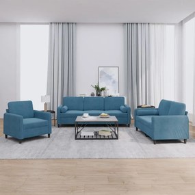 Set Di Divani 3 Pz Con Cuscini Blu İn Velluto /