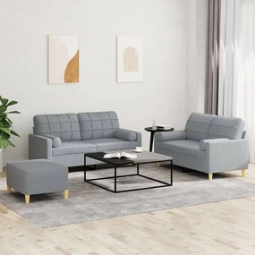 Set Divani 3 Pz Con Cuscini Grigio Chiaro İn Tessuto /