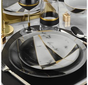 Set da tavola 24 pezzi, nero/bianco/oro, in porcellana