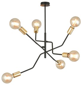Sospensione Industrial 6 Luci Temi In Acciaio Nero E Oro Bracci Regolabili