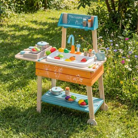 Costway Set cucina da gioco per bambini esterno legno lavandino rimovibile griglia, Cucina giocattolo manopole girevoli rubinetto circolazione 3+ anni