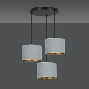 Lampadario Tondo 3 Luci Ganesha In Acciaio Nero E Paralumi In Tessuto Grigio